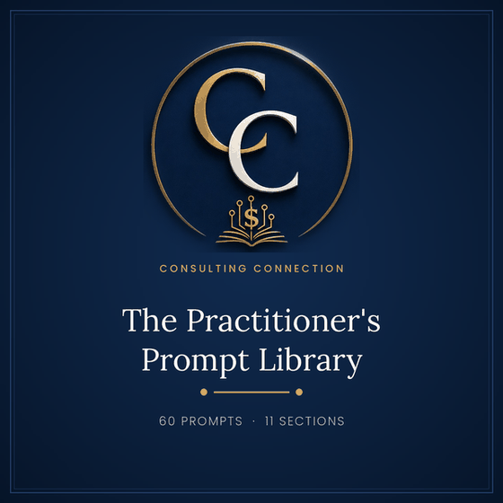 Cover in deep navy with a gold monogram, titled The Practitioner's Prompt Library.