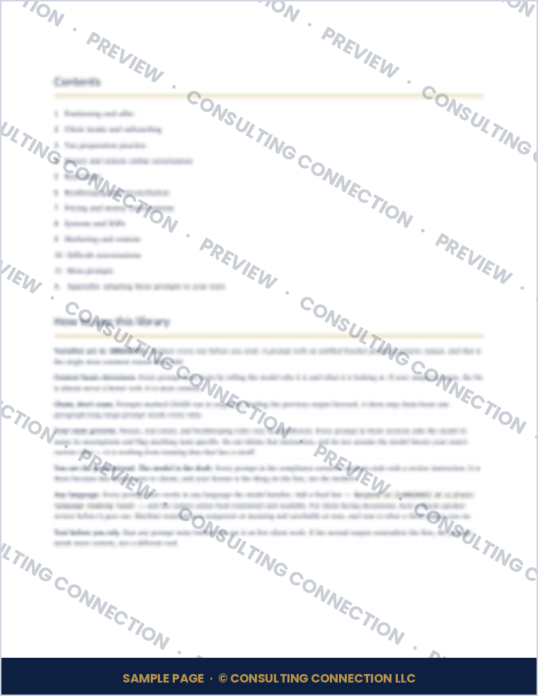 Contents page listing eleven sections, from positioning and client intake through to meta-prompts, plus a state appendix.
